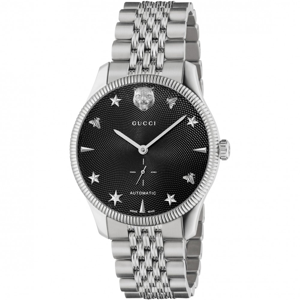 GUCCI G-TIMELESS WATCH WITH A STEEL CASE, BLACK GUILLOCH